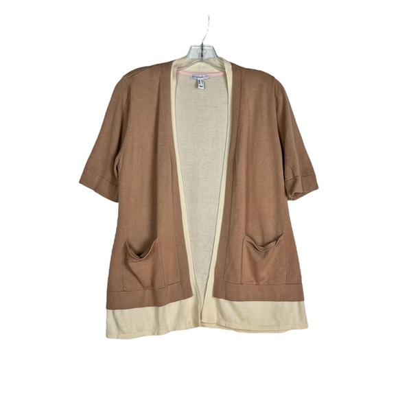 Isaac Mizrahi Live Tan and Cream Open Cardigan Sweater with Pockets - Picture 1 of 13